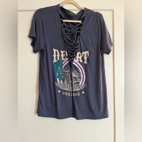 Express Tops - Express Desert Graphic Lace-Up Tee in Blue